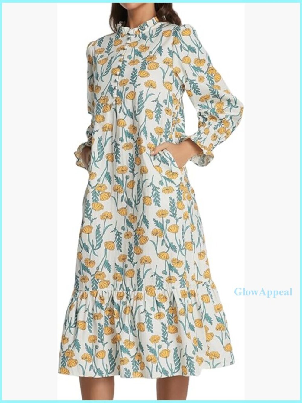Cotton Midi Dress with Puff Sleeves and Mock Neck for Casual Wear